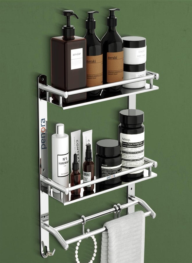 Penora 3 Tier Stainless Steel Bathroom Organizer to Organize Bath Accessories with Towel Rod for Bathroom & Clothes Hanger Hook | Multi Purpose Kitchen, Washroom & Over The Toilet Storage (Pack of 1) - Image 1